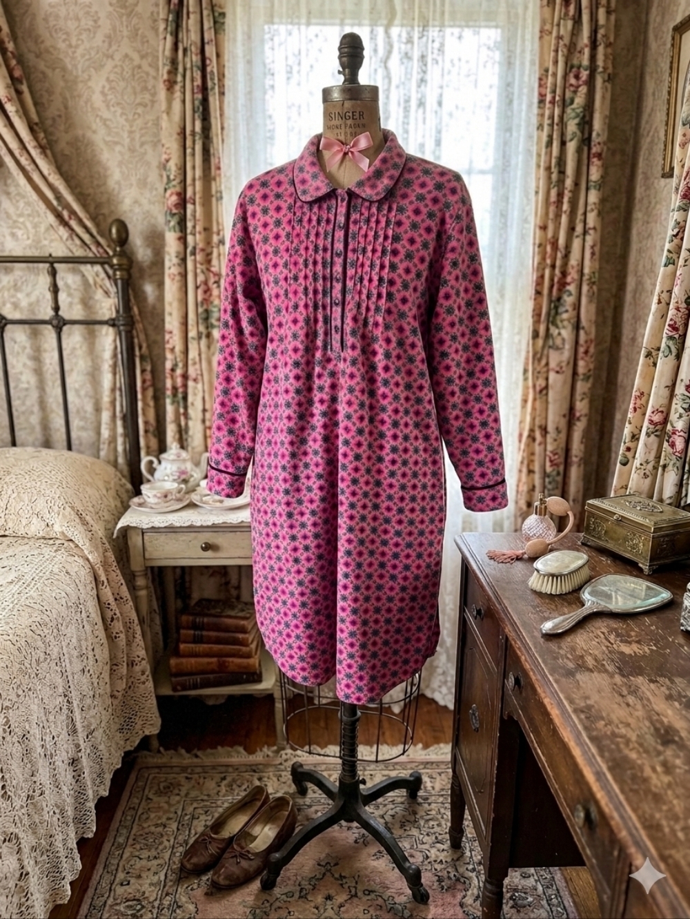 KayAnna Pink Flannel Nightgown Tunic | Floral Print | Velvet Trim | Size L/G